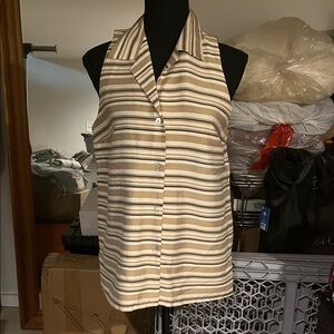 Ice Beige Striped Button Down Sleeveless Top, 100% Silk.